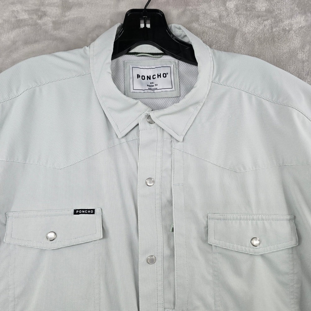 Poncho Western Shirt Mens XXL Light Green Micro Gingham Pearl Snap Short Sleeve